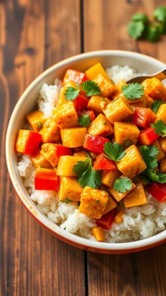 A bowl of Curry HOVR Splash 2 with chicken, vegetables, and coconut curry sauce, garnished with cilantro, served over rice.